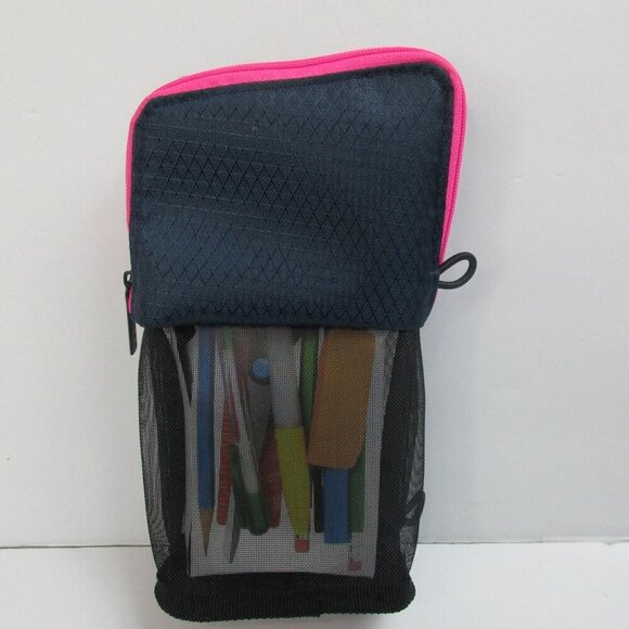 Five Star Mead Stand ‘N Store Micro-Mesh Pencil Pouch Navy Pink Interior Pockets - Picture 2 of 5